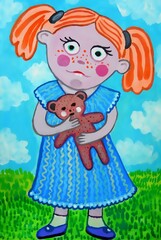 A funny girl with red hair. Child with a soft toy.