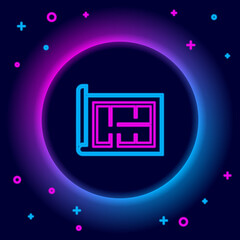 Glowing neon line House plan icon isolated on black background. Colorful outline concept. Vector