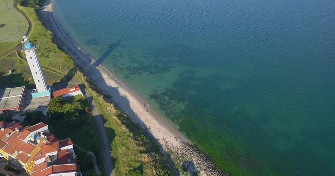 Aerial drone top view on the Aheloy Lighthouse on the Bulgarian Black Sea coast, Burgas area
