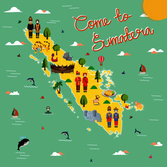 Sumatera Indonesia tourism map vector Illustration with animals and landmarks. Perfect for advertising, tourist guides, travel blogs, books, atlases.