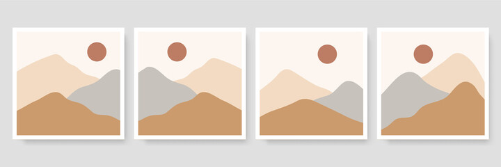 Set of three Abstract Aesthetic mid century modern landscape Contemporary boho poster cover template. Minimal and natural Illustrations for art print, postcard, wallpaper, wall art.