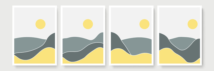 Abstract mountain landscapes. Contemporary posters, boho backgrounds, modern vector sun moon printable wall decor. Abstract scandinavian minimalist art. Lines and circles design. Trendy mid century