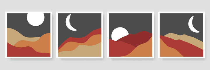 Minimalist wall art. Abstract landscapes for boho esthetic interior. Home decor wall prints. Soft pink, terracotta colors with mustard hues. Floral sun and moon. Contemporary artistic printable vector