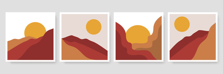Minimalist wall art. Abstract landscapes for boho esthetic interior. Home decor wall prints. Soft pink, terracotta colors with mustard hues. Floral sun and moon. Contemporary artistic printable vector