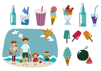 夏のレジャーのイラスト。
夏のアイコン素材。夏服の人物。
