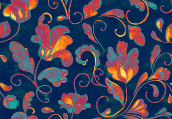 Watercolor hand painted paisley seamless pattern. Whimsical flowers, leaves, brunches, paisley. Oriental illustration. Islam, arabic, indian, spain, turkish, pakistan, ottoman motif. Water color print