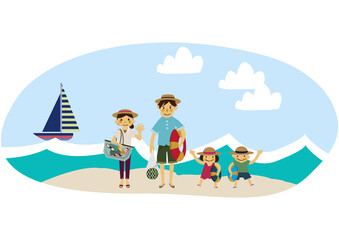 夏のレジャーのイラスト。
夏のアイコン素材。夏服の人物。
