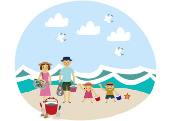 夏のレジャーのイラスト。
夏のアイコン素材。夏服の人物。
