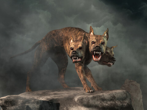 Cerberus, the hound of Hades, from Greek mythology is the guardian to the entrance to the underworld. The legendary three headed monster dog of myth and fantasy is a fearsome creature. 3D Rendering