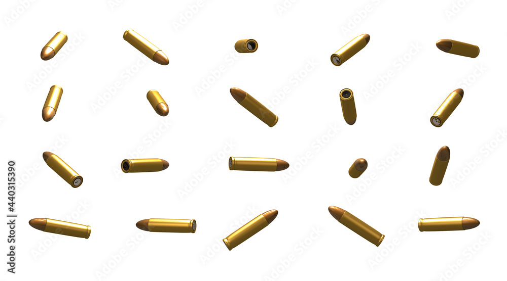 Fototapete 3D rendering, Close up pistol bullets set with different side, isolated on white background.