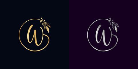 set of luxury golden and silver signature letter W isolated circle with leaves ahead. vector monogram for personal signature, cosmetic, restaurant, boutique, hotel , nature logo concept vector