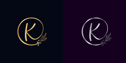 set of luxury golden and silver signature letter K isolated circle with leaves ahead. vector monogram for personal signature, cosmetic, restaurant, boutique, hotel , nature logo concept vector