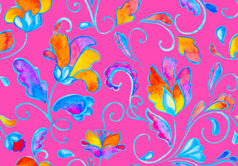 Fototapeta na wymiar Watercolor hand painted paisley seamless pattern. Whimsical flowers, leaves, brunches, paisley. Oriental illustration. Islam, arabic, indian, spain, turkish, pakistan, ottoman motif. Water color print