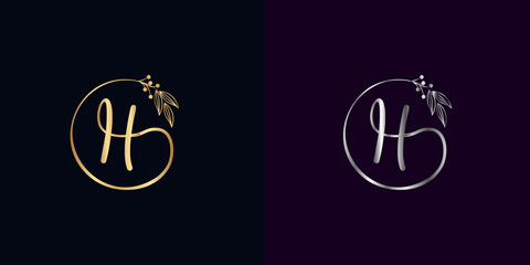 set of luxury golden and silver signature letter H isolated circle with leaves ahead. vector monogram for personal signature, cosmetic, restaurant, boutique, hotel , nature logo concept vector