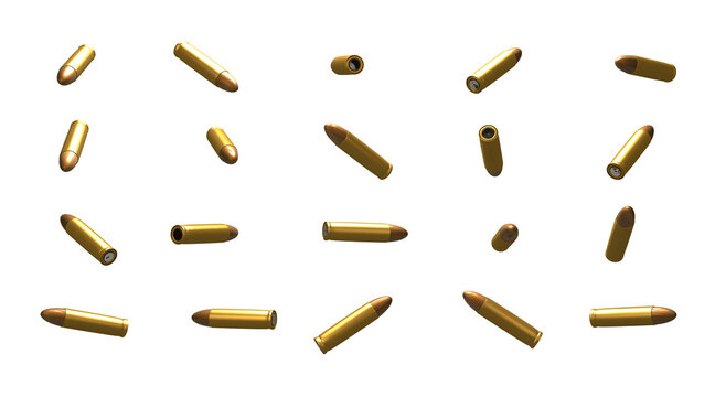 3D rendering, Close up pistol bullets set with different side, isolated on white background.