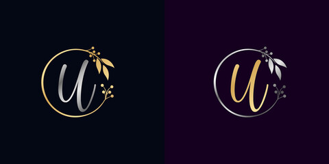set of luxury golden and silver signature letter U isolated circle with leaves ahead. vector monogram for personal signature, cosmetic, restaurant, boutique, hotel , nature logo concept vector