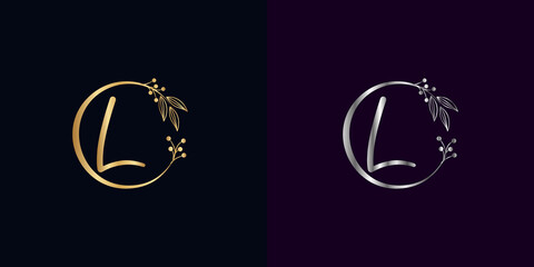 set of luxury golden and silver signature letter L isolated circle with leaves ahead. vector monogram for personal signature, cosmetic, restaurant, boutique, hotel , nature logo concept vector