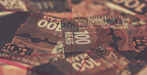 details of 100 reais banknote from brazil, with selective focus, background image for monetary...