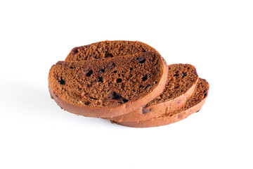 Slices of brown bread with sweet chocolate on white.
