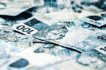 100 reais banknotes, background with graphics and lines, concept of finance and the Brazilian market in crisis