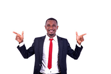 portrait of a businessman showing pistol hand gesture, smiling.