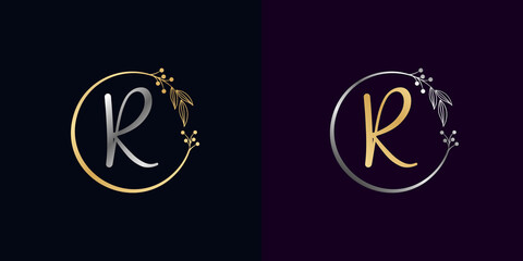 set of luxury golden and silver signature letter R isolated circle with leaves ahead. vector monogram for personal signature, cosmetic, restaurant, boutique, hotel , nature logo concept vector