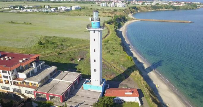 Beautiful Aerial drone view on the Aheloy Lighthouse on the Bulgarian Black Sea coast - Aerial Circling, Burgas rural area