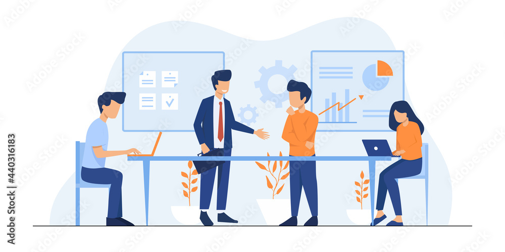 Wall mural flat vector business technology cloud computing service concept and with developer team working conc