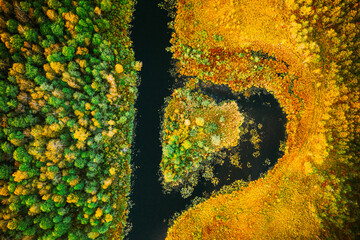 Aerial View Of Summer Curved River And Natural Island In Heart Shape. Landscape In Autumn Evening. Top View Of Beautiful Nature From High Attitude In Summer Season