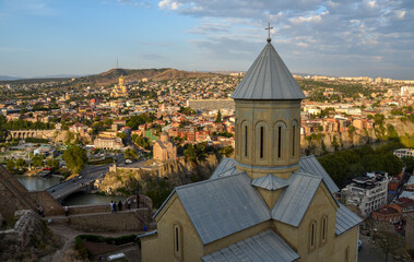 Amazing view to Sioni Cathedral and historical part of Tbilisi from Narikala fortress on sunset. Georgia