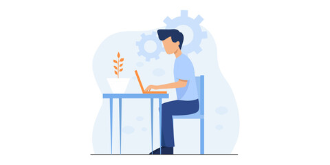 Flat vector business technology cloud computing service concept and with developer team working concept. Flat office worker with marketing, collaboration, finance, and IT meeting using laptop