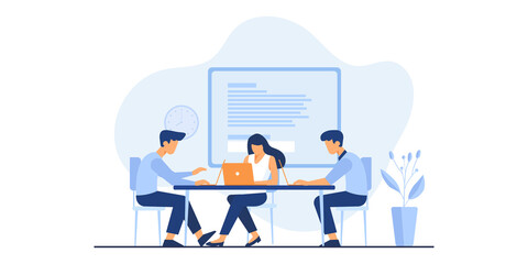 Flat vector business technology cloud computing service concept and with developer team working concept. Flat office worker with marketing, collaboration, finance, and IT meeting using laptop