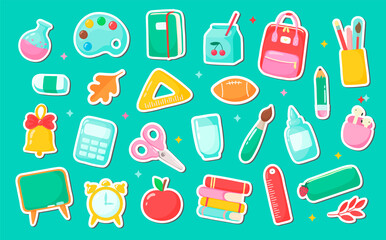 School supplies set. Cartoon objects and accessories include: books, backpack, ball, alarm clock, ruler, notebook, apple, palette, bell, pencil case, glue, pencil, pen, scissors, brush, headphones
