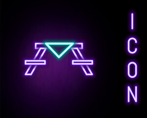 Glowing neon line Picnic table with benches on either side of the table icon isolated on black background. Colorful outline concept. Vector