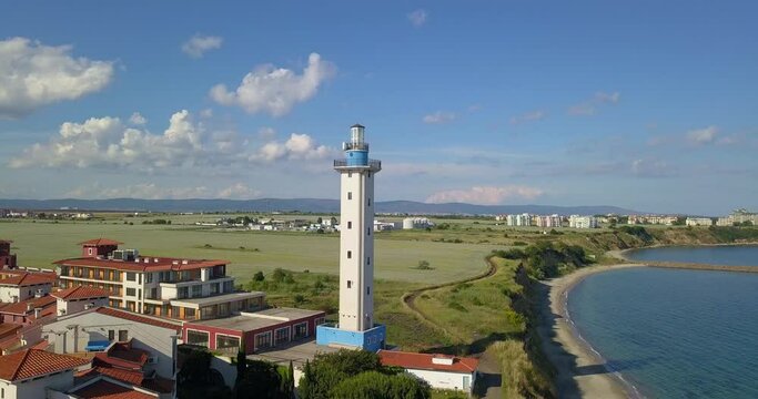 Aerial drone view on the Aheloy Lighthouse on the Bulgarian Black Sea coast, Burgas area