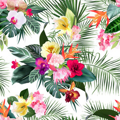 Exotic tropical flowers, orchid, strelitzia, hibiscus, protea, ylang-ylang, palm, monstera leaves vector seamless pattern. Jungle forest wedding design print. Island greenery. Isolated and editable