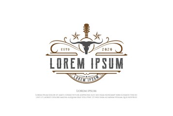Western Country Guitar with Longhorn Skull Logo Design Vector