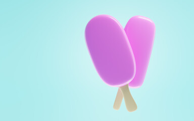 Two pink popsicles on wooden stick isolated on blue background. Ice cream covered in fruity frosting in watermelon, strawberry or pomegranate flavors, summer cold dessert. Realistic 3d illustration