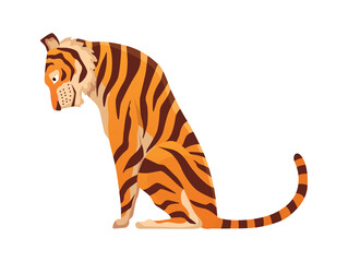 Fototapeta na wymiar Adult big tiger. Cute animal from wildlife. Big cat. Predatory mammal. Painted cartoon animal design. Flat vector illustration isolated on white background