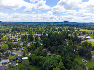 In the photo we see a wooded area, a suburb. Evergreen conifers, small houses. Mountains can be seen in the distance. There are white clouds in the blue sky. No people. Aerial photography.
