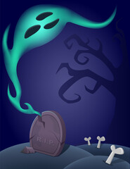 Halloween background with graveyard, grave and flying scary ghost
