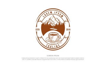 Fototapeta premium Old Hipster Mountain Pine Forest with River Creek and Coffee Cup Badge Emblem Label Logo Design Vector