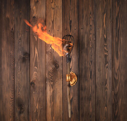 ancient torch on a wooden wall