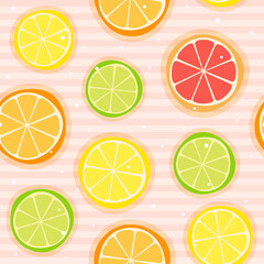 Seamless summer pattern from citrus slices. Refreshing juicy background with lemonade idea and lime, lemon, orange and grapefruit. Vector illustration on the theme of summer, sun, heat and relaxation.
