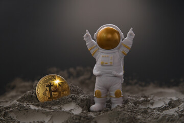 Manipulated currency valuations. Toy Astronaut, Gold Bitcoin on the Moon. Bitcoin Mining in Space...