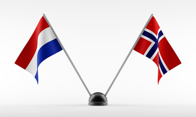 Stand with two national flags. Flags of Netherlands and Norway. Isolated on a white background. 3d rendering