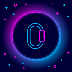 Glowing neon line Carabiner icon isolated on black background. Extreme sport. Sport equipment. Colorful outline concept. Vector