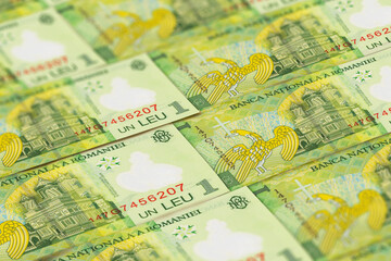 Romanian money. Romanian leu banknotes. 1 RON lei bills.