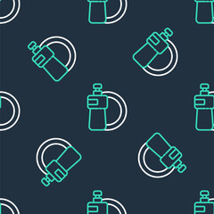 Line Dishwashing liquid bottle and plate icon isolated seamless pattern on black background. Liquid detergent for washing dishes. Vector