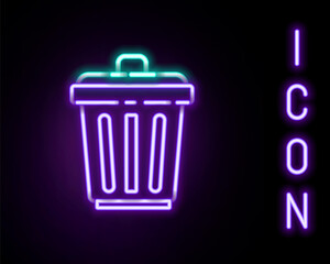 Glowing neon line Trash can icon isolated on black background. Garbage bin sign. Recycle basket icon. Office trash icon. Colorful outline concept. Vector